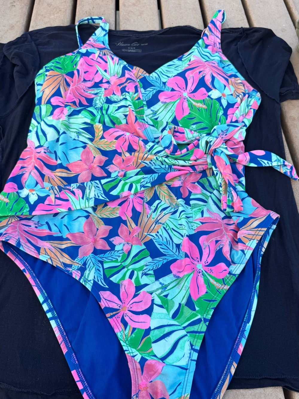 Tropical Floral Wrap One-Piece Swimsuit in Navy and Pink
